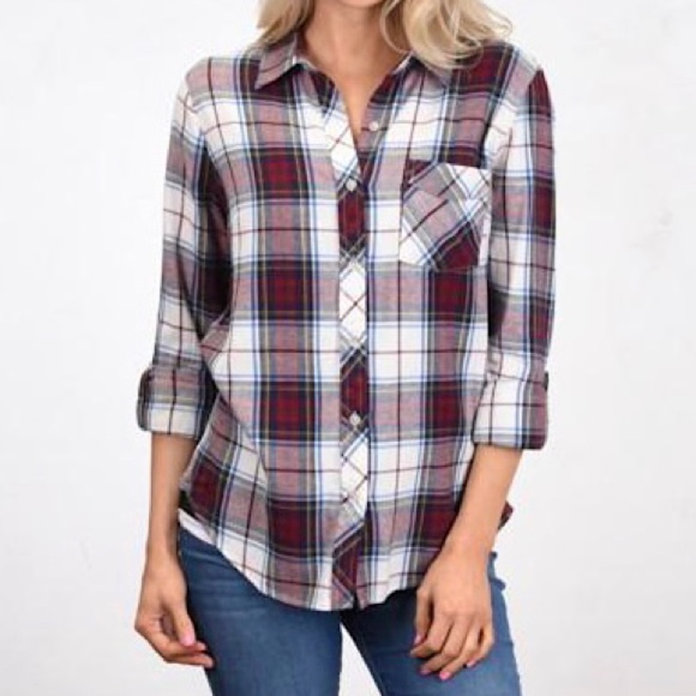 Thread & Supply Burgundy/Blue Plaid Top